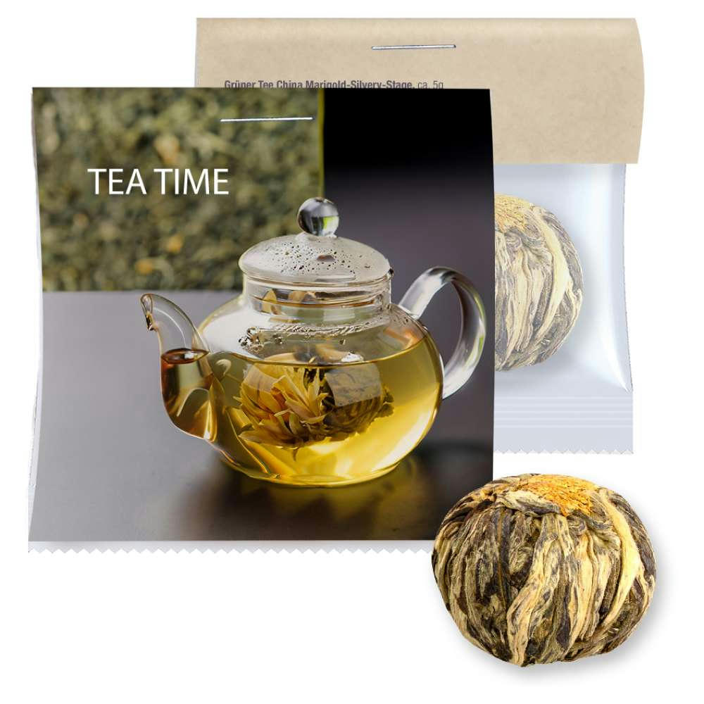 Grüner Tee China Marigold-Silvery-Stag, ca. 5g, Express Midi-Tüte mit Werbereiter