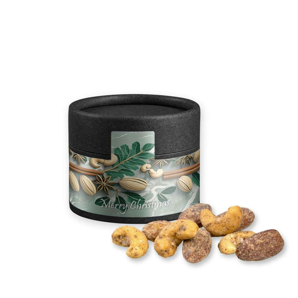 Zimt-Mandel Vanille-Cashew Mix, ca. 40g, Biologisch abbaubare Eco Pappdose Mini schwarz