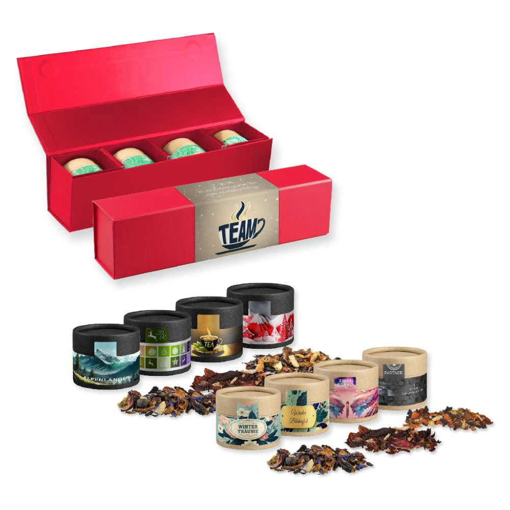 Verschiedene Weihnachts Teesorten, , ca. 80-120g, Geschenk-Set Premium rot mit Magnetverschluss und 4 Biologisch abbaubaren Eco Pappdosen Mini