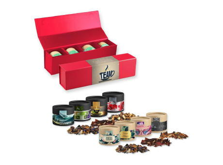 Verschiedene Weihnachts Teesorten, , ca. 80-120g, Geschenk-Set Premium rot mit Magnetverschluss und 4 Biologisch abbaubaren Eco Pappdosen Mini
