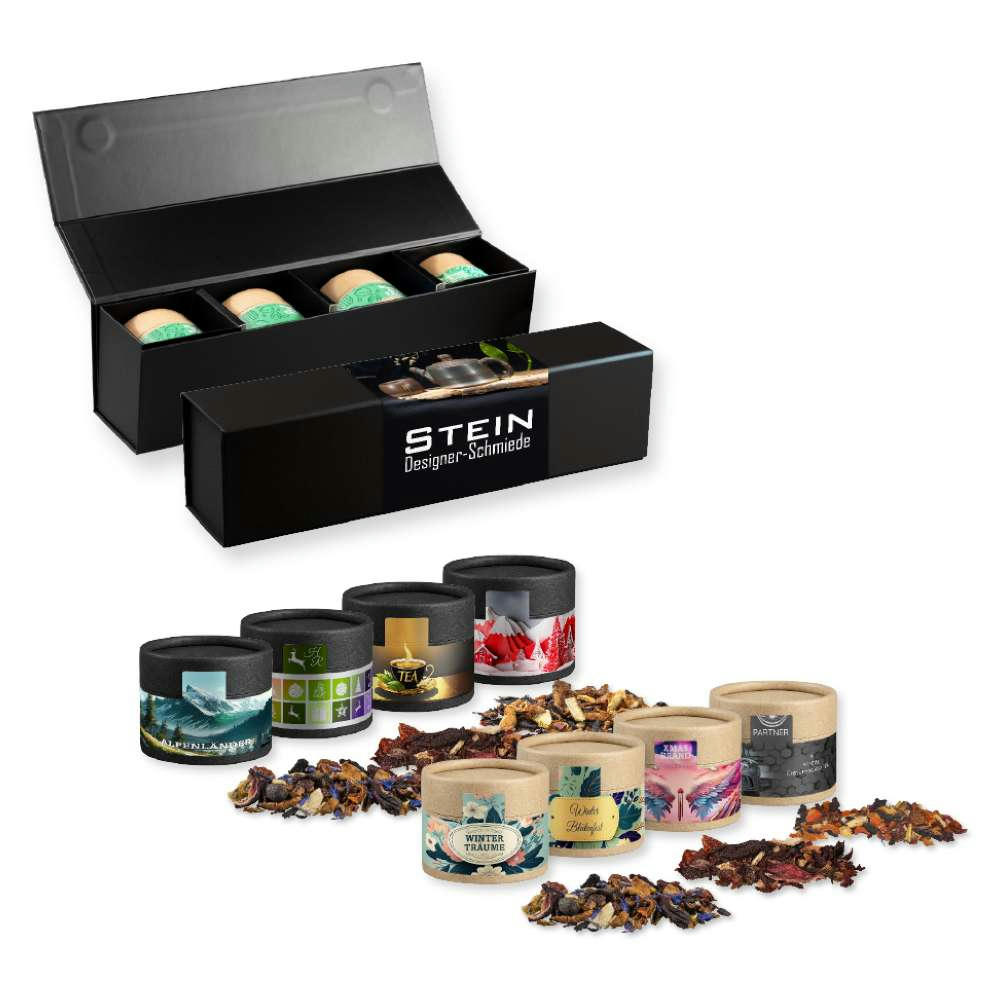 Verschiedene Weihnachts Teesorten, , ca. 80-120g, Geschenk-Set Premium schwarz mit Magnetverschluss und 4 Biologisch abbaubaren Eco Pappdosen Mini