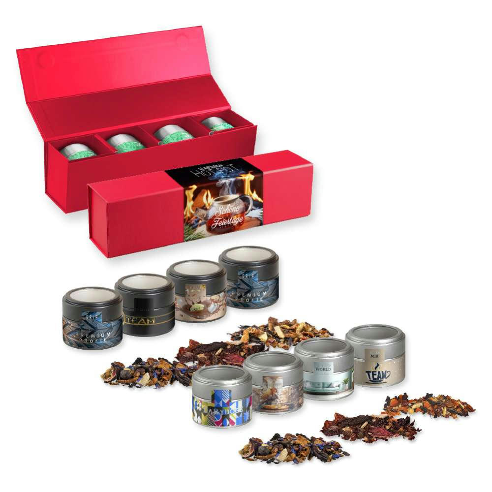 Verschiedene Weihnachts Teesorten, , ca. 120-140g, Geschenk-Set Premium rot mit Magnetverschluss und 4 Metalldosen Mini mit Sichtfenste