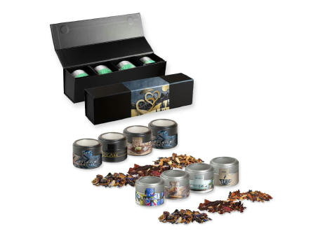 Verschiedene Weihnachts Teesorten, , ca. 120-140g, Geschenk-Set Premium schwarz mit Magnetverschluss und 4 Metalldosen Mini mit Sichtfenster