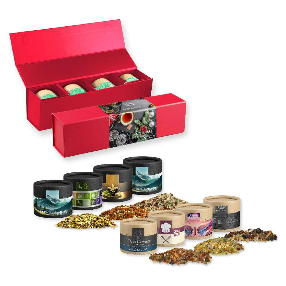 Verschiedene Weihnachts Gewürzmischungen, ca. 80-160g, Geschenk-Set Premium rot mit Magnetverschluss und 4 Biologisch abbaubaren Eco Pappdosen Mini