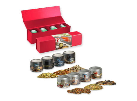 Verschiedene Weihnachts Gewürzmischungen, ca. 120-140g, Geschenk-Set Premium rot mit Magnetverschluss und 4 Metalldosen Mini mit Sichtfenste