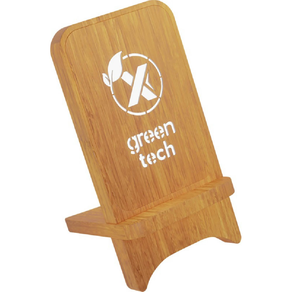 Soporte para teléfono con cargador inalámbrico de madera de 10W con logotipo retroiluminado SCX.design W26