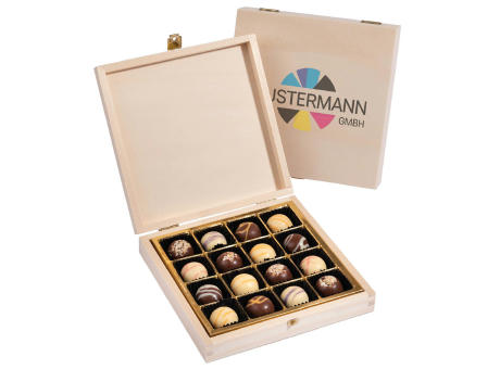 16 PREMIUM-PRALINEN IN QUADRATISCHER HOLZBOX