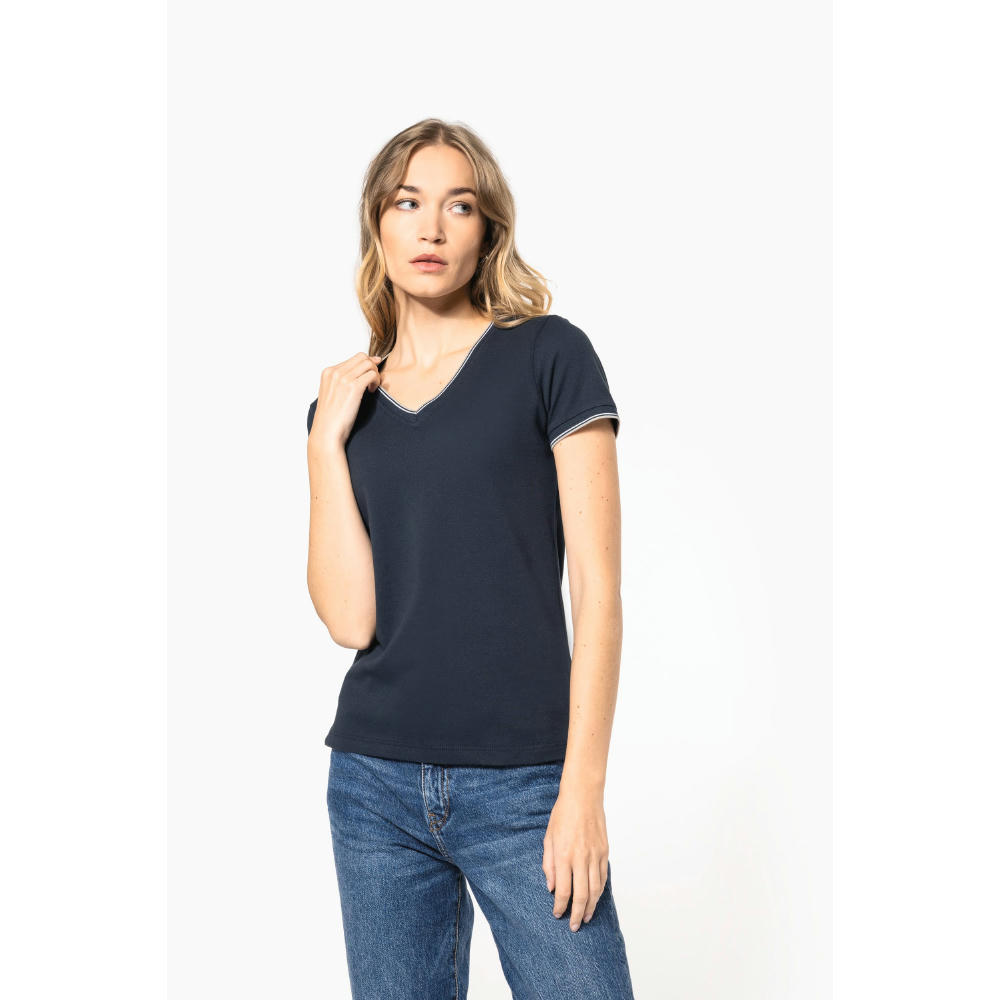 Camiseta de punto piqué con cuello de pico mujer
