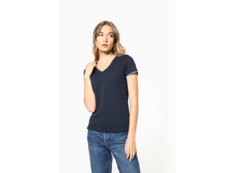 Camiseta de punto piqué con cuello de pico mujer