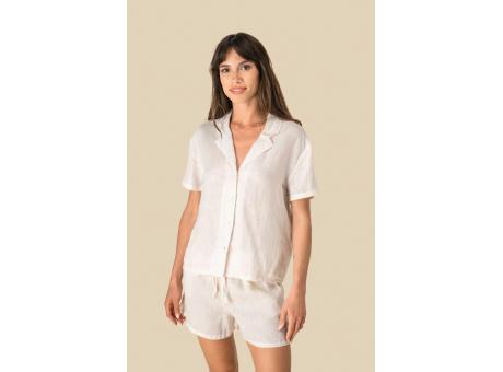 Camisa manga corta de lino y cuello bowling mujer