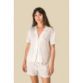 Camisa manga corta de lino y cuello bowling mujer
