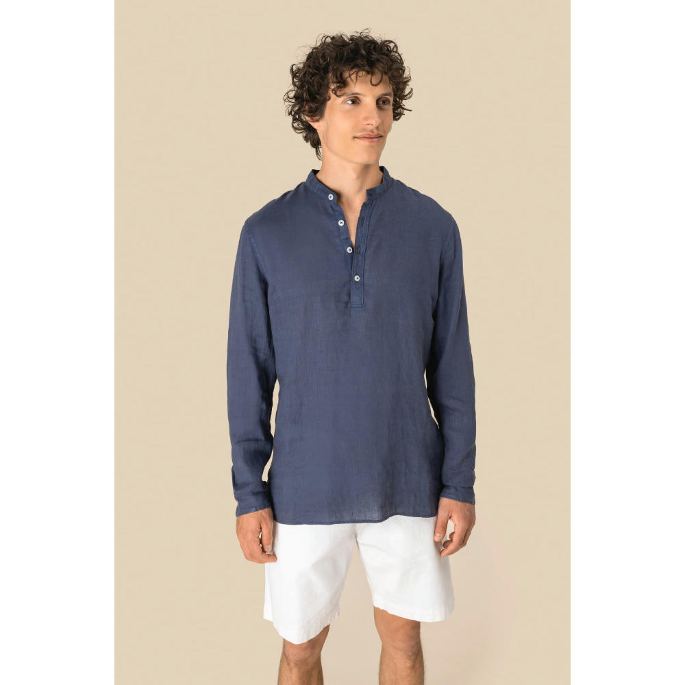 Camisa cuello mao efecto lavado de lino hombre