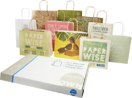 Musterbox mit Tüten aus Kraftpapier und landwirtschaftlichen Reststoffen