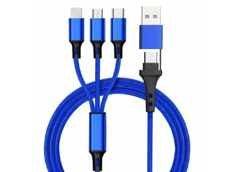 5in1 Ladekabel Nylon mit USB-A und TYP-C Kombistecker für Micro, TYP-C und Lightning 120cm Blau