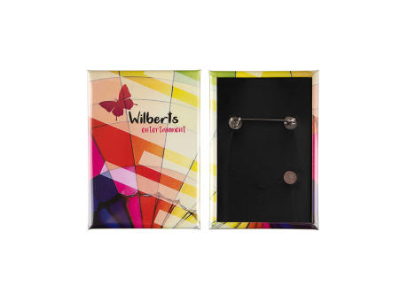 Metallbutton 78x53mm rechteckig Hinterseite mit vertikalen Nadel