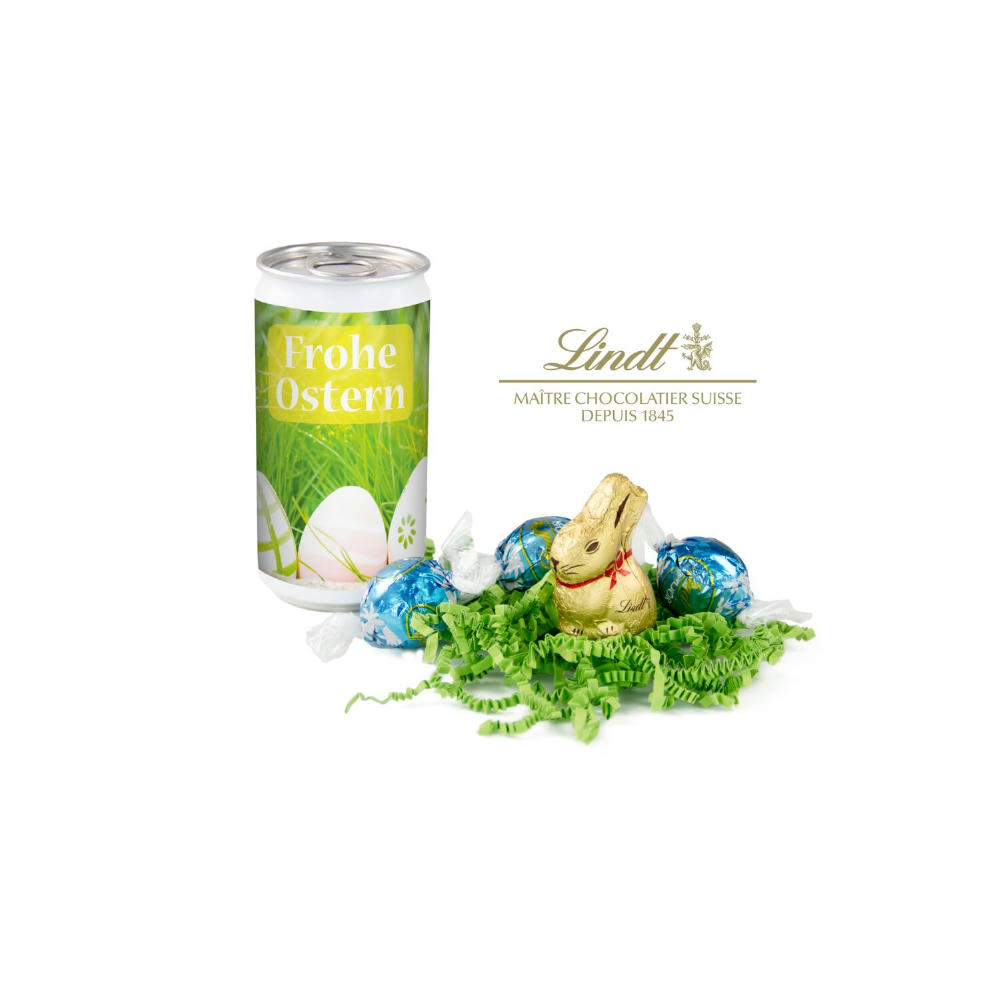 Geschenkartikel / Präsentartikel: Lindt-Oster-Überraschung, Das Nest in der Dose - Etikett Frohe Ostern - EierWiese