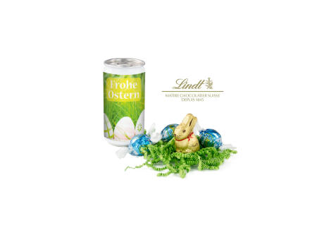 Geschenkartikel / Präsentartikel: Lindt-Oster-Überraschung, Das Nest in der Dose - Etikett Frohe Ostern - EierWiese