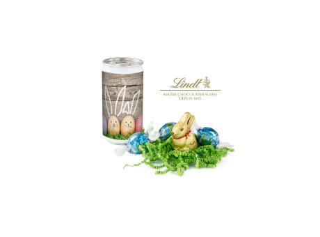 Geschenkartikel / Präsentartikel: Lindt-Oster-Überraschung, Das Nest in der Dose - Etikett Frohe Ostern - EierHasen