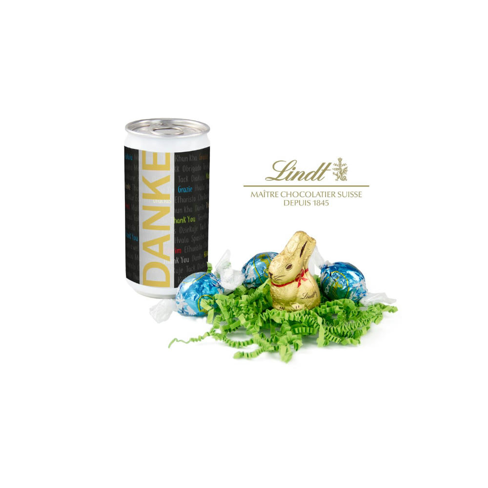 Geschenkartikel / Präsentartikel: Lindt-Oster-Überraschung, Das Nest in der Dose - Etikett Danke