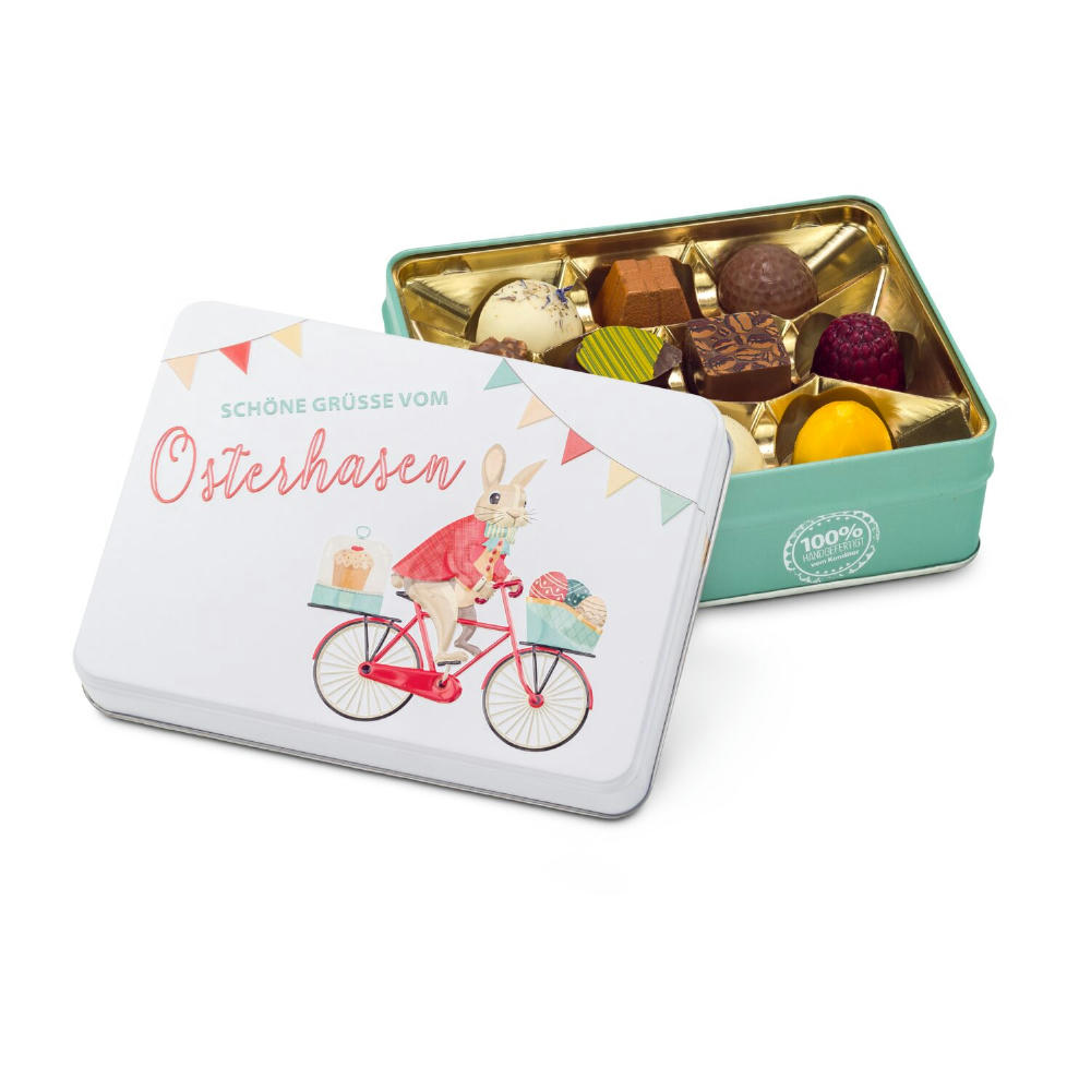 Geschenkartikel / Präsentartikel: Hasenvater auf dem Fahrrad - Pralinendose mit 125 g