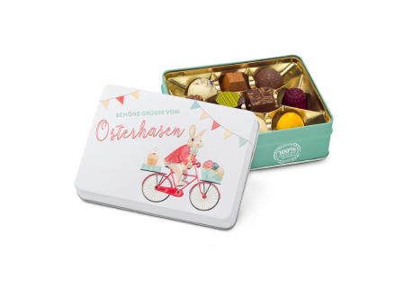 Geschenkartikel / Präsentartikel: Hasenvater auf dem Fahrrad - Pralinendose mit 125 g