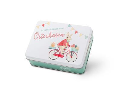 Geschenkartikel / Präsentartikel: Hasenvater auf dem Fahrrad - Pralinendose mit 125 g