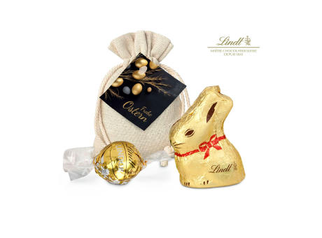 Geschenkartikel / Präsentartikel: Goldenes Ostersäckchen mit Lindt Goldhase und Lindorkugel