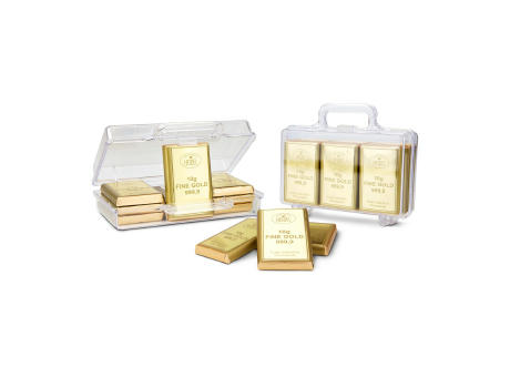 Geschenkartikel / Präsentartikel: Sie sind Gold wert - Goldkoffer mit 12 Goldbarren, Edelvollmilch-Schokolade (120 g)