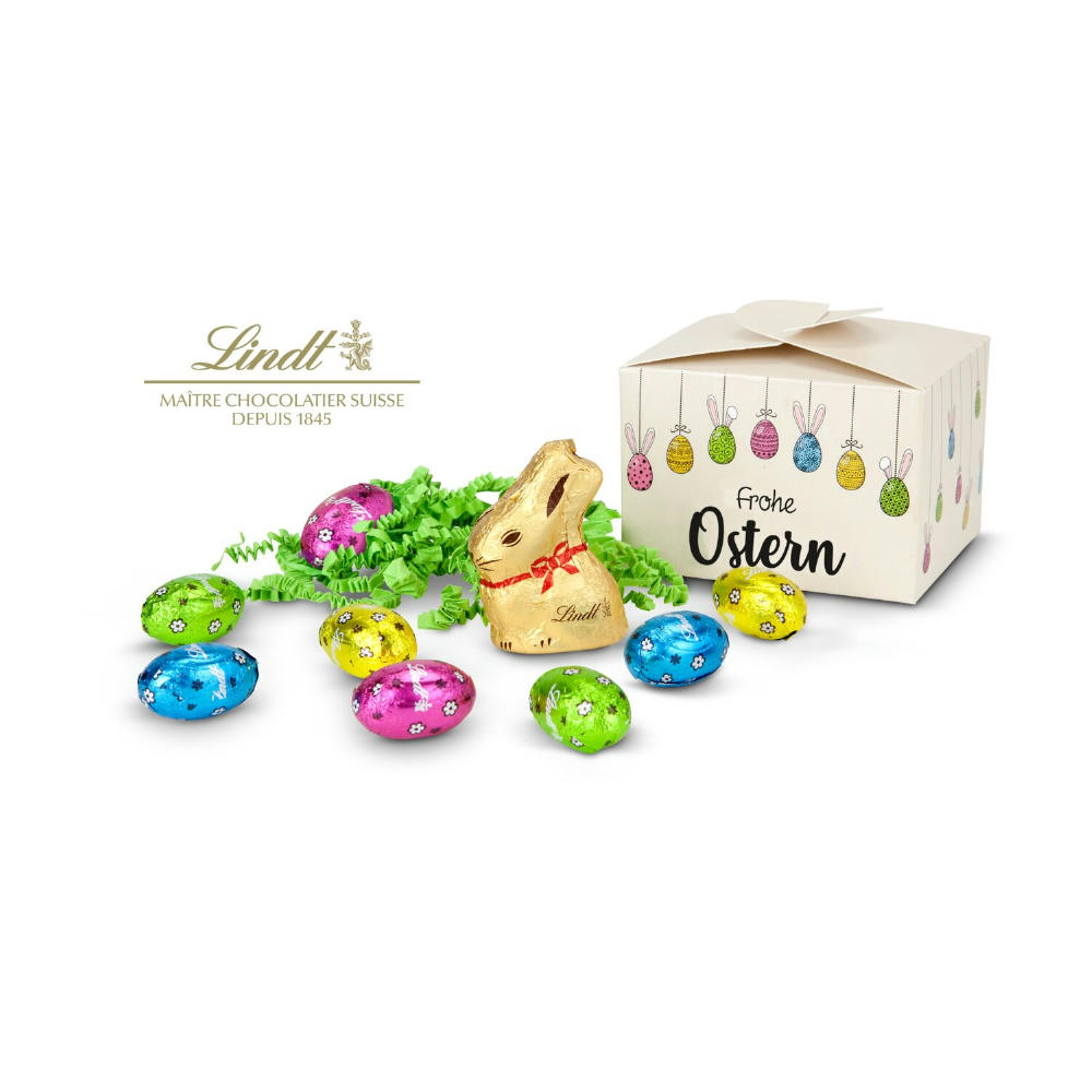 Geschenkartikel / Präsentartikel: Buntes Lindt Osternest - Lindt-Osterhase mit 8 Eiern, auch in individueller Pralinenschachtel