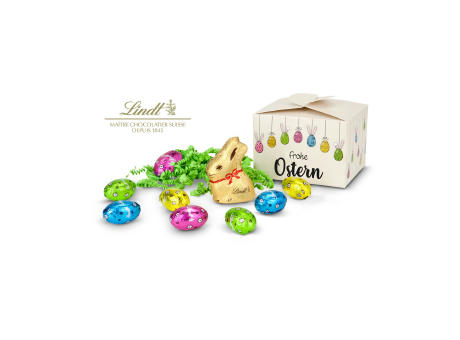 Geschenkartikel / Präsentartikel: Buntes Lindt Osternest - Lindt-Osterhase mit 8 Eiern, auch in individueller Pralinenschachtel