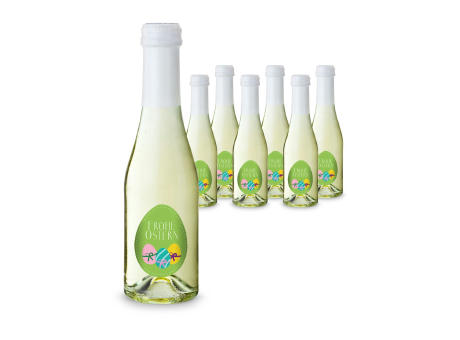 Geschenkartikel / Präsentartikel: Oster-Piccolo - 6 x Secco Piccolo 0,2 l - Flasche klar, Kapsel weiß