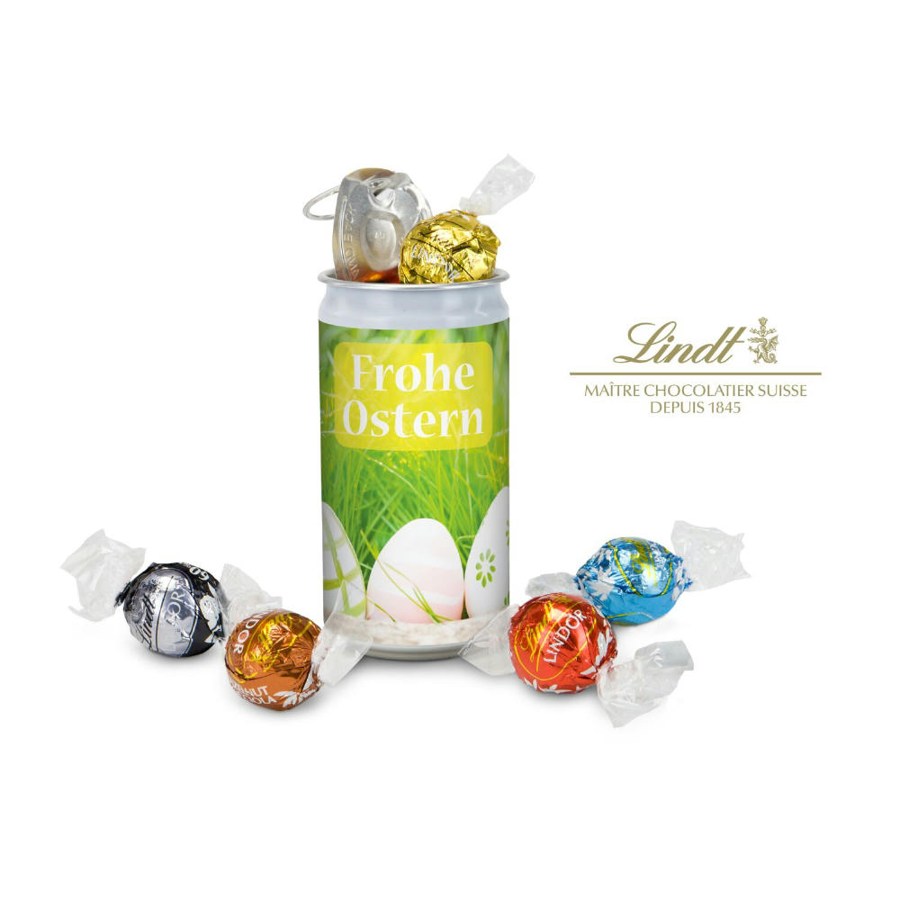 Geschenkartikel / Präsentartikel: Lindt-Geheimnis Ostern, das Nest in der Dose - Etikett Frohe Ostern - EierWiese