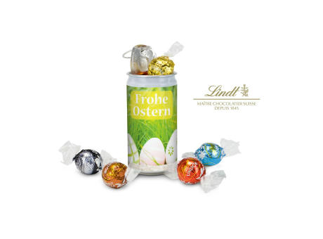 Geschenkartikel / Präsentartikel: Lindt-Geheimnis Ostern, das Nest in der Dose - Etikett Frohe Ostern - EierWiese