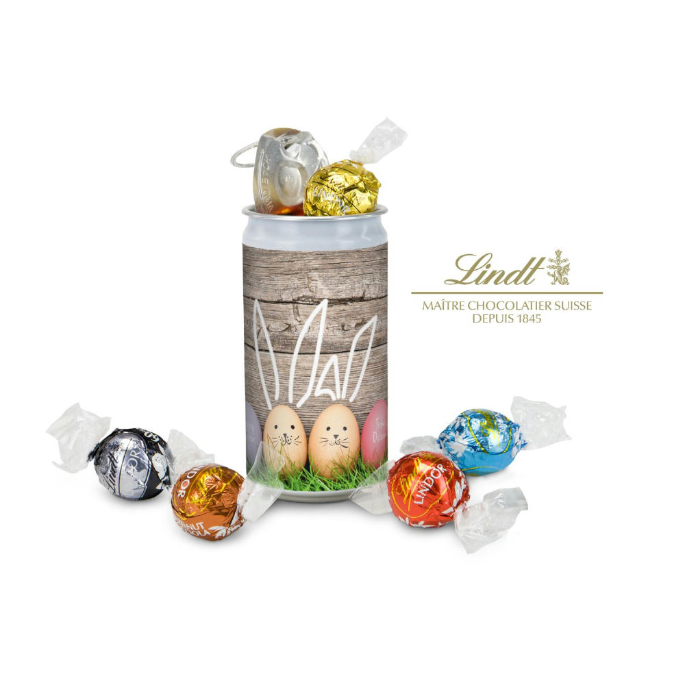 Geschenkartikel / Präsentartikel: Lindt-Geheimnis Ostern, das Nest in der Dose - Etikett Frohe Ostern - EierHasen