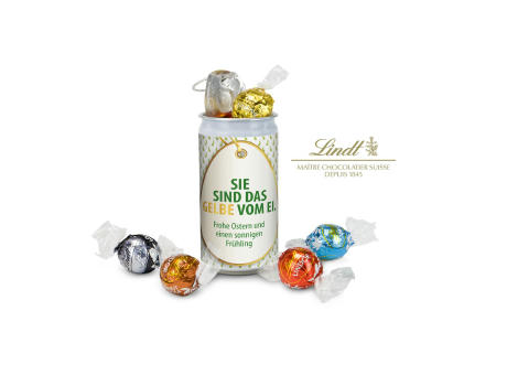 Geschenkartikel / Präsentartikel: Lindt-Geheimnis Ostern, das Nest in der Dose - Etikett Sie sind das Gelbe vom Ei