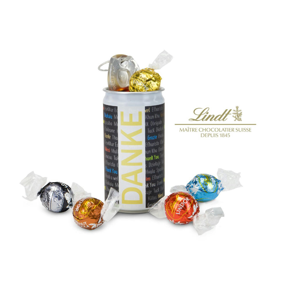 Geschenkartikel / Präsentartikel: Lindt-Geheimnis Ostern, das Nest in der Dose - Etikett Danke