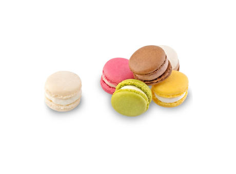 Geschenkartikel / Präsentartikel: Macaron-Stange mit Schleifen - sechs bunte Macarons (60 g)