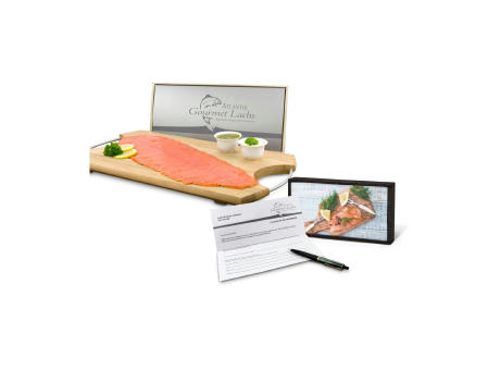 Geschenkartikel / Präsentartikel: Lachs-Gutschein in Holzbox: Gourmet