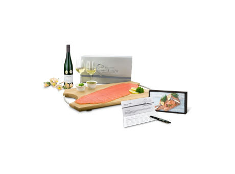 Geschenkartikel / Präsentartikel: Lachs-Gutschein in Holzbox: Genießer