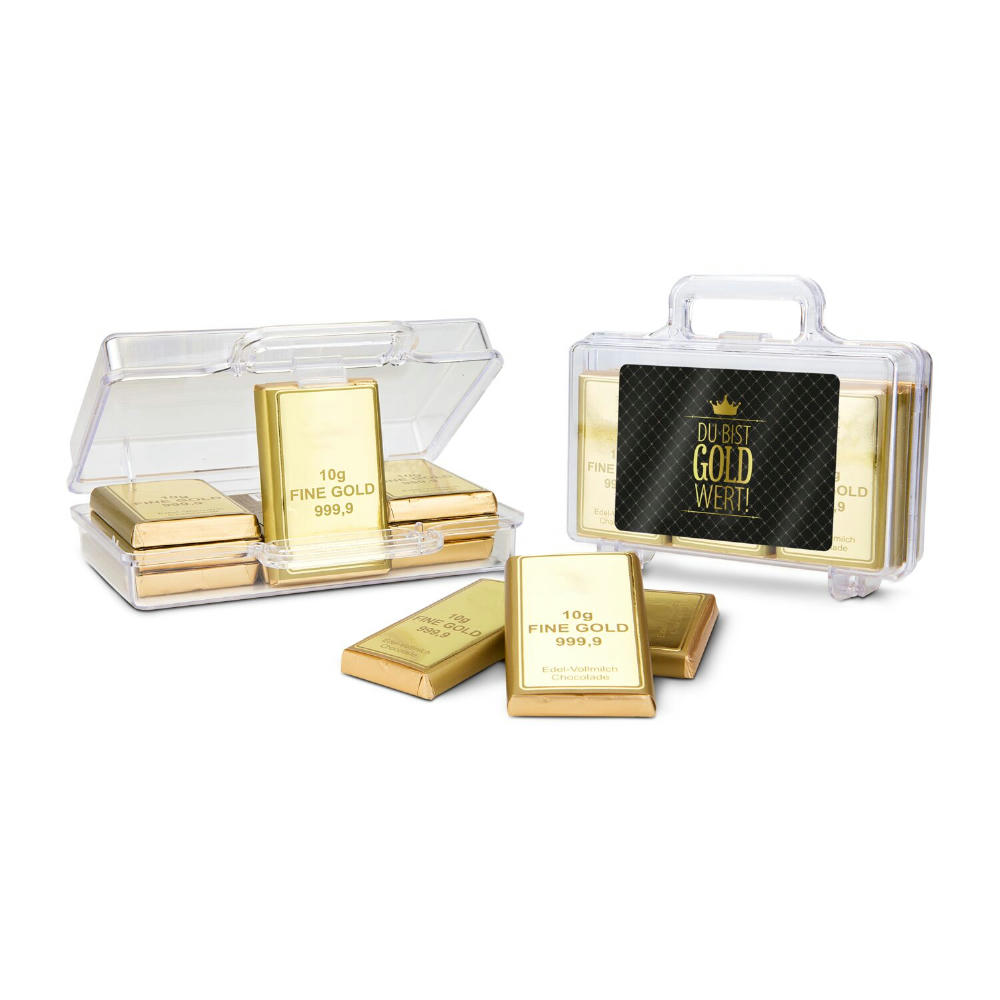 Geschenkartikel / Präsentartikel: Du bist Gold wert - Goldkoffer mit 12 Goldbarren, Edelvollmilch-Schokolade (120 g)