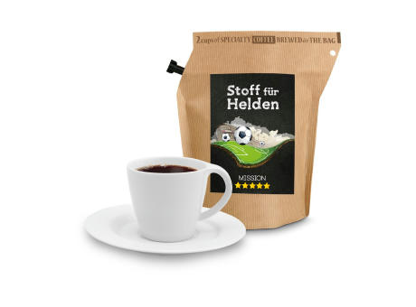 Geschenkartikel / Präsentartikel: WM-Kaffee Stoff für Helden, wiederverwendbarer Brühbeutel mit Fairtrade Kaffee aus Honduras