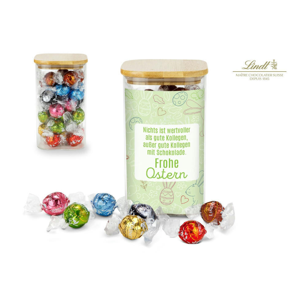 Geschenkset / Präsenteset: Lindor Team-Glas Frohe Ostern mit 35 Lindt Lindorkugeln