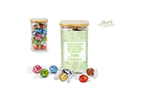 Geschenkset / Präsenteset: Lindor Team-Glas Frohe Ostern mit 35 Lindt Lindorkugeln