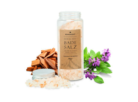 Himalaya-Badesalz 190 g, Patchouli-Sandelholz - auch mit individuellem Etikett