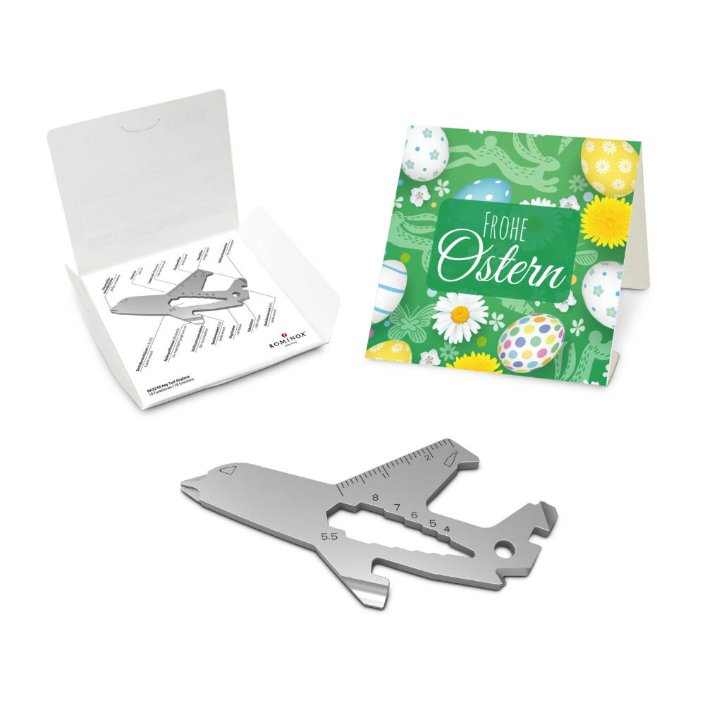 Geschenkartikel: ROMINOX® Key Tool Airplane / Flugzeug (18 Funktionen) im Motiv-Mäppchen Frohe Ostern