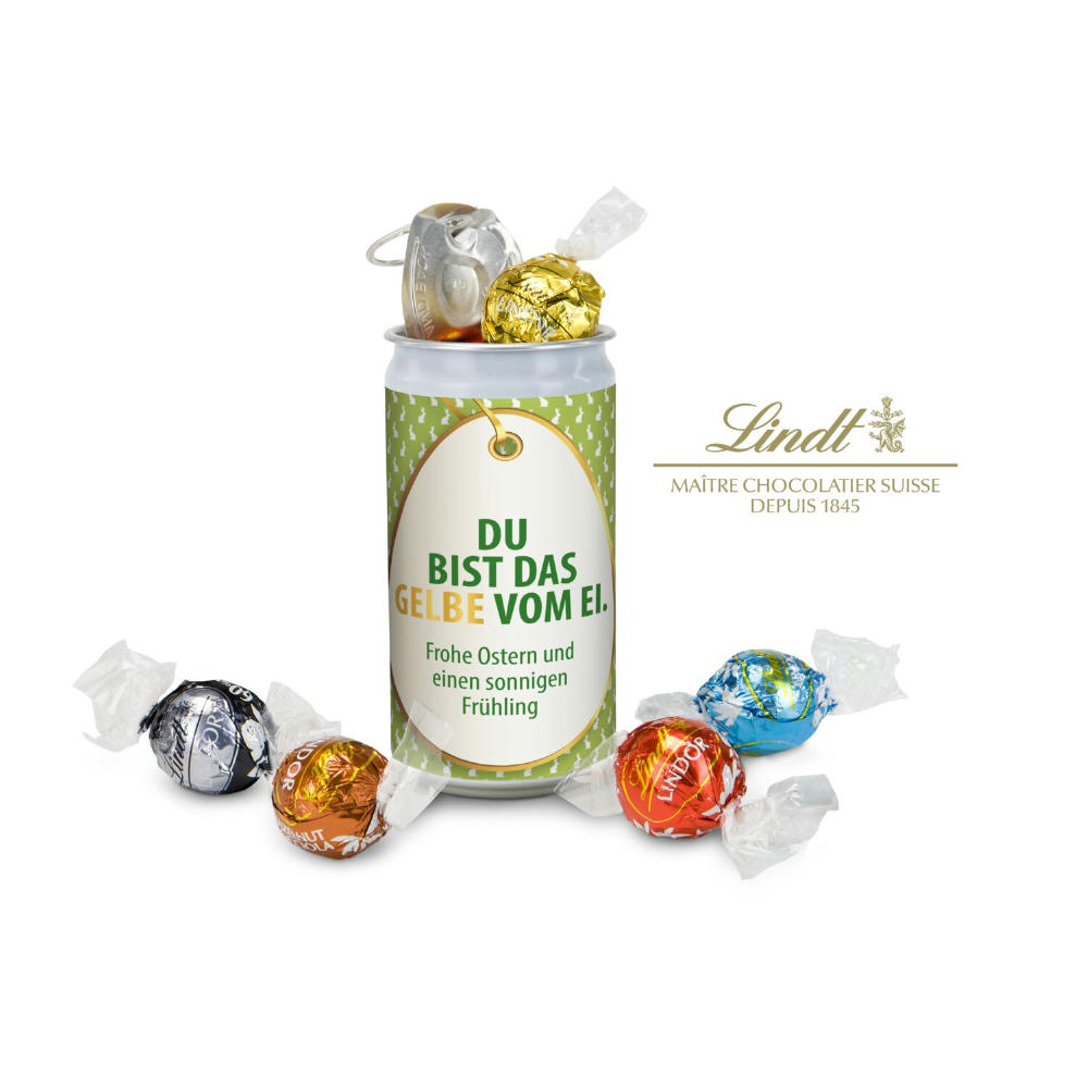 Geschenkartikel / Präsentartikel: Lindt-Geheimnis Ostern, das Nest in der Dose - Etikett Du bist das Gelbe vom Ei