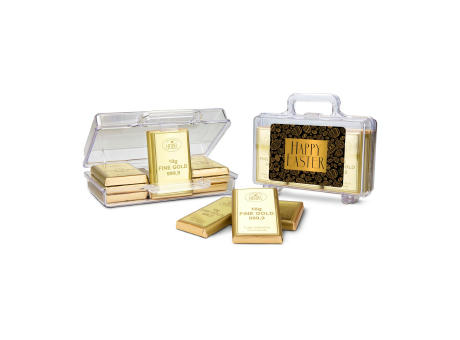 Geschenkartikel / Präsentartikel: Frohe Ostern Goldkoffer mit 12 Goldbarren, Edelvollmilch-Schokolade (120 g)