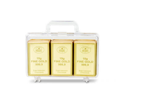 Geschenkartikel / Präsentartikel: Du bist Gold wert - Goldkoffer mit 12 Goldbarren, Edelvollmilch-Schokolade (120 g)