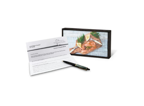Geschenkartikel / Präsentartikel: Lachs-Gutschein in Holzbox: Gourmet