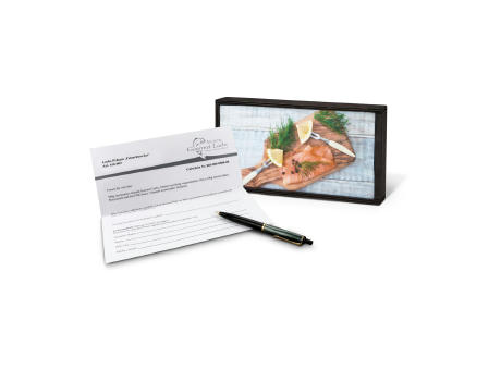 Geschenkartikel / Präsentartikel: Lachs-Gutschein in Holzbox: Feinschmecker